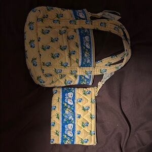 Vera Bradley Floral Quilted Tote and Pouch - Blue and Tan